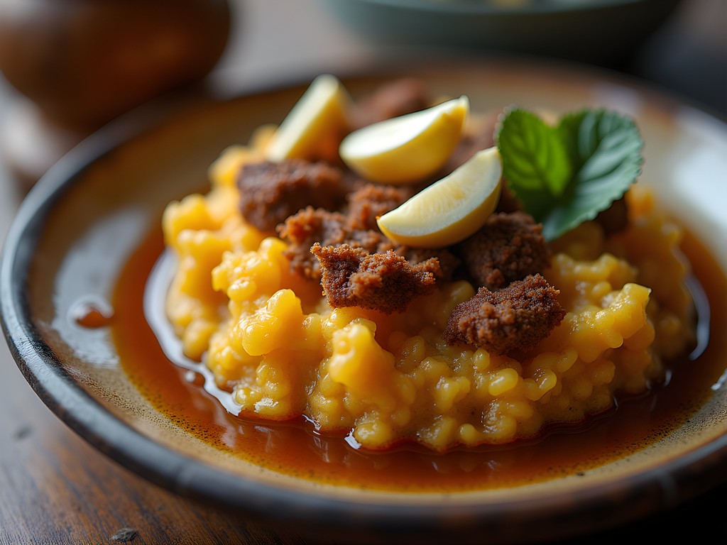 Traditional Puerto Rican mofongo served in wooden pilon mortar with garlic and pork