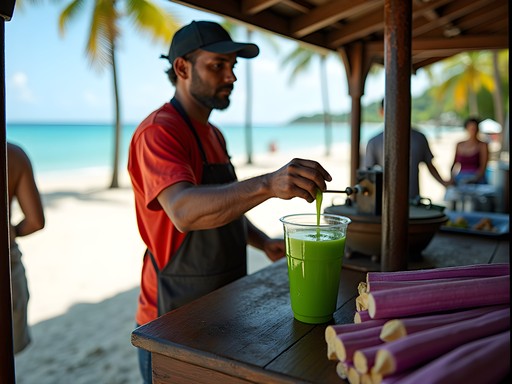 Fresh sugarcane juice being pressed at outdoor vendor in Ponce Puerto Rico