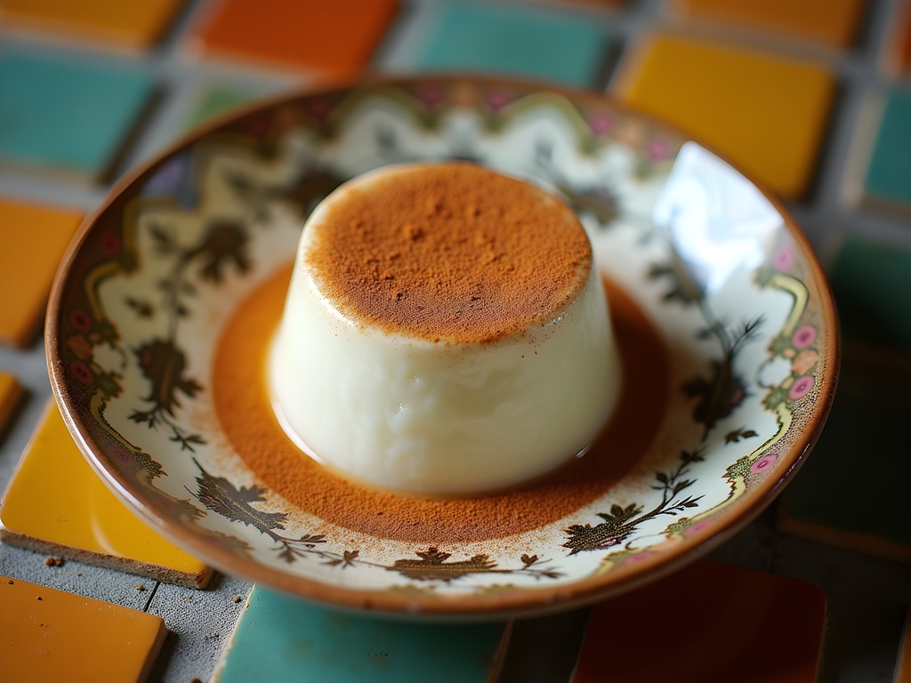 Traditional Puerto Rican tembleque coconut pudding with cinnamon on decorative plate