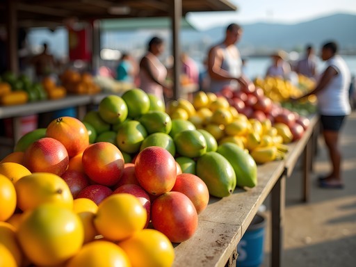 Colorful display of tropical fruits at Port Vila harbor market