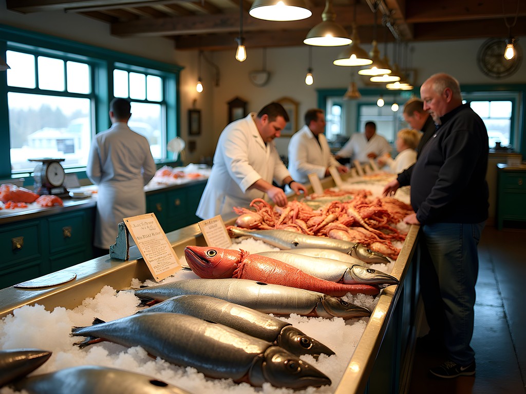 Fresh seafood display at Harbor Fish Market Portland Maine