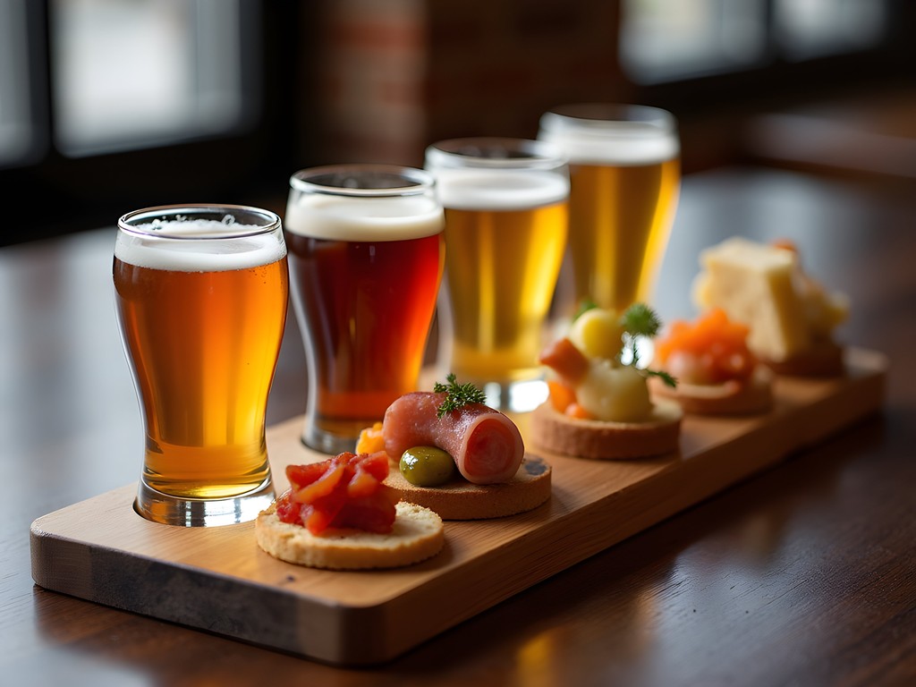 Craft beer flight with artisanal food pairing board in Portland