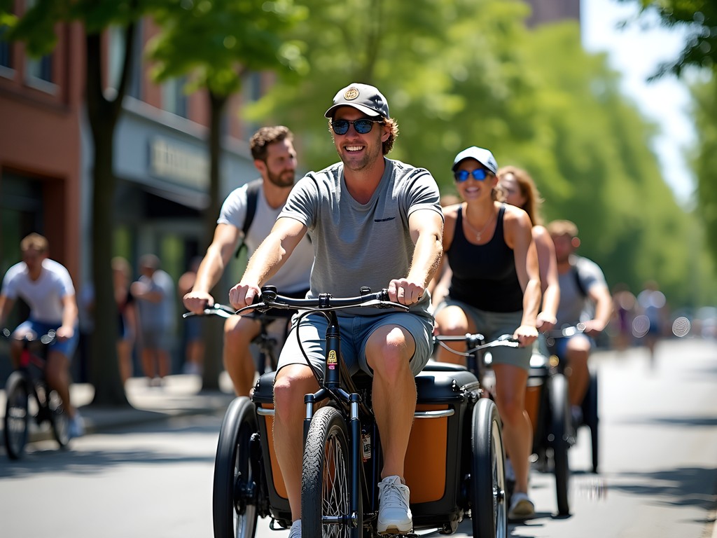 Group enjoying a BrewCycle tour between Portland breweries