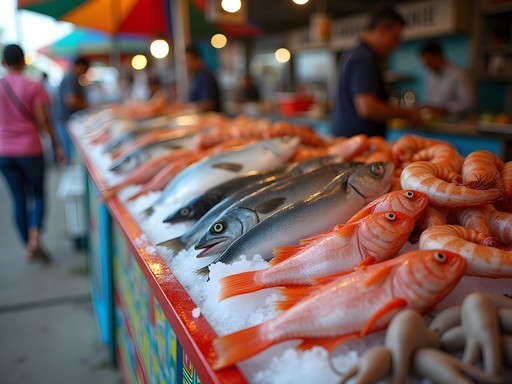 Colorful seafood display at Portoviejo's Mercado Municipal