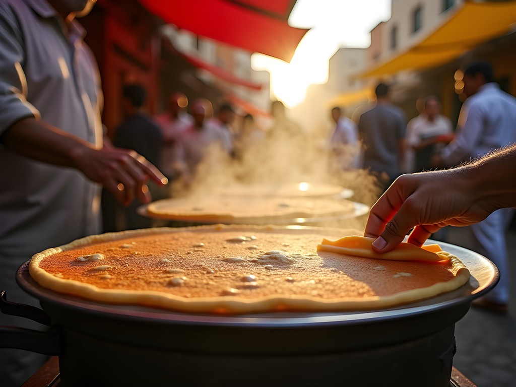 Traditional Moroccan msemen pancakes being prepared at Rabat morning market