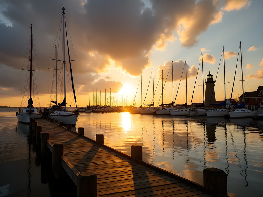 Scenic sunset view of Racine Harbor and Lake Michigan Wisconsin waterfront