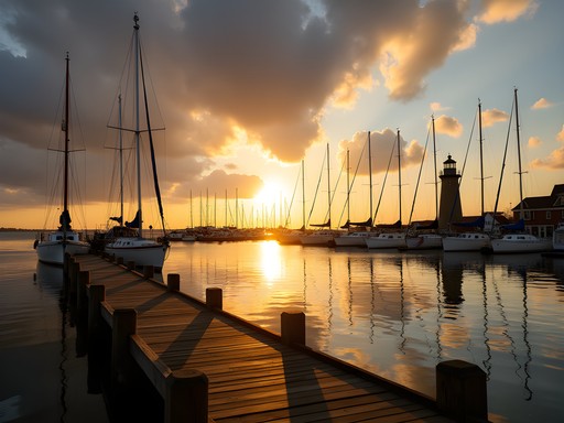 Scenic sunset view of Racine Harbor and Lake Michigan Wisconsin waterfront