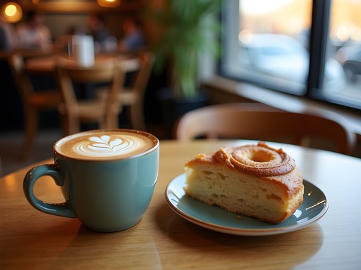Artfully arranged coffee and kringle pairing with latte art and pastry on wooden table