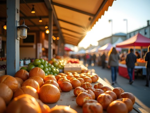 Vibrant farmers market with local Wisconsin cheese and produce vendors in Racine