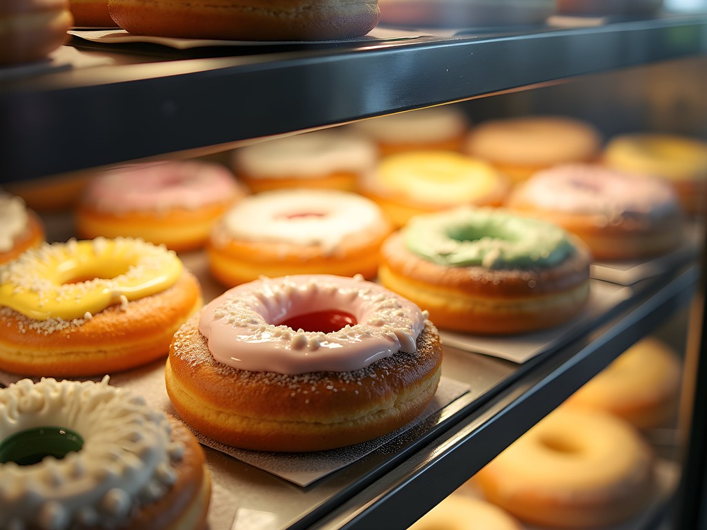 Colorful array of Danish kringles in bakery display case in Racine, Wisconsin