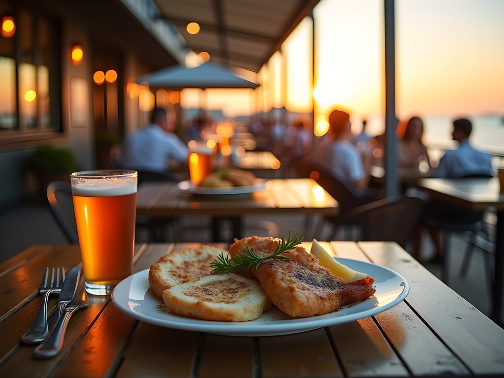 Waterfront restaurant patio overlooking Lake Michigan in Racine, Wisconsin