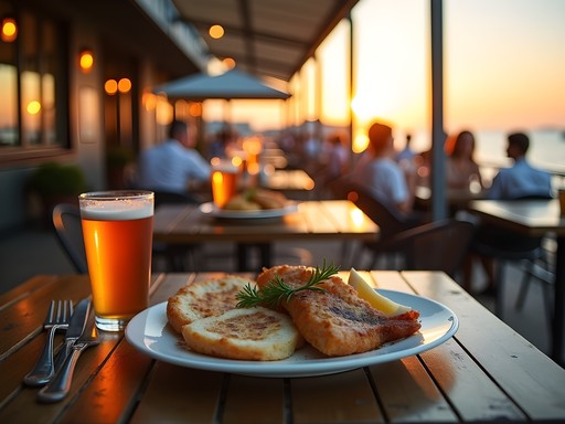 Waterfront restaurant patio overlooking Lake Michigan in Racine, Wisconsin