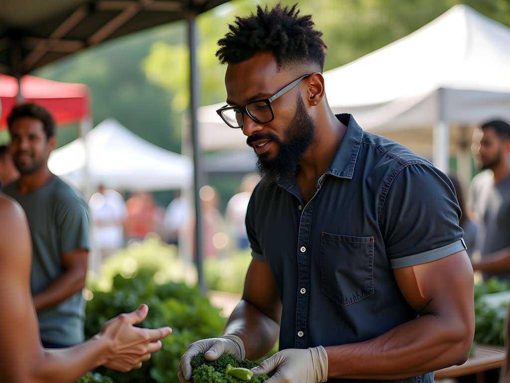 Food writer William Matthews examining fresh produce at Raleigh farmers market