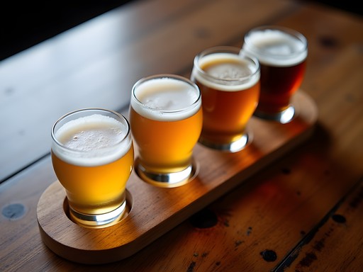 Flight of craft beers from local Raleigh brewery with farm-sourced ingredients