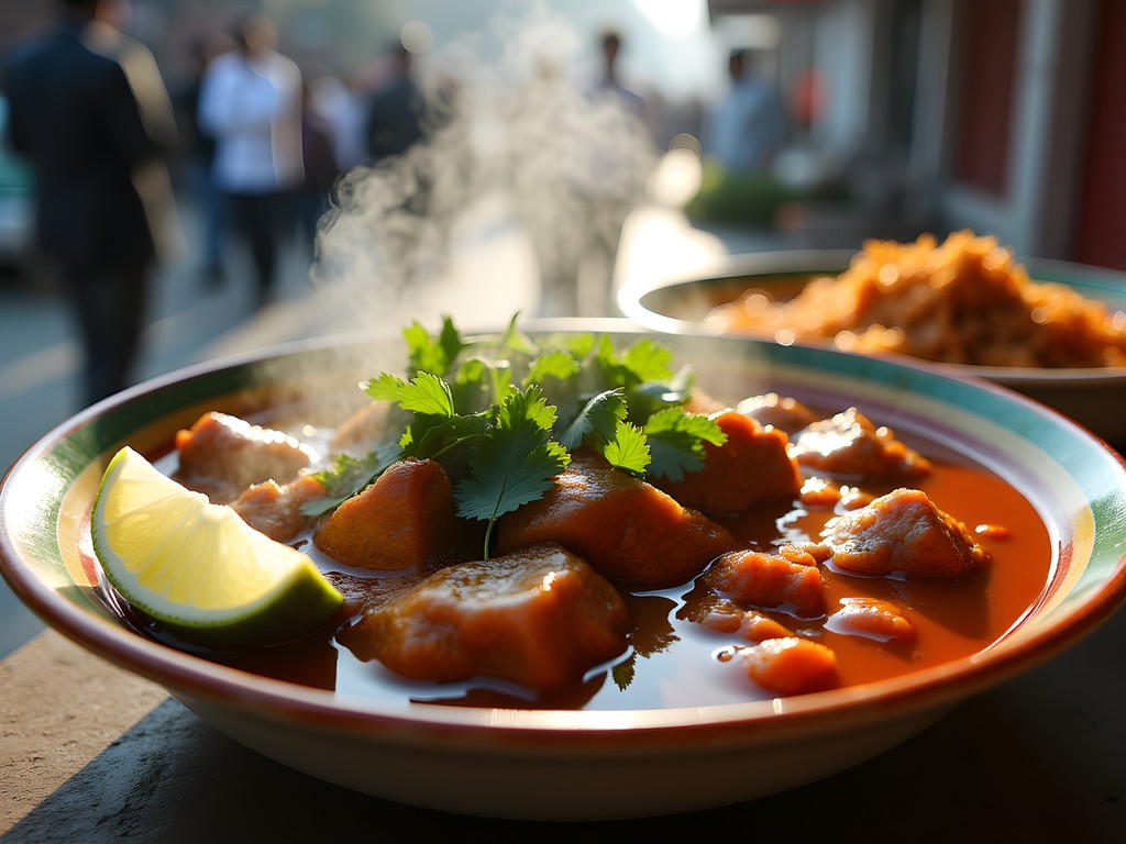 Steaming bowl of nihari being served at a traditional breakfast stall in Committee Chowk