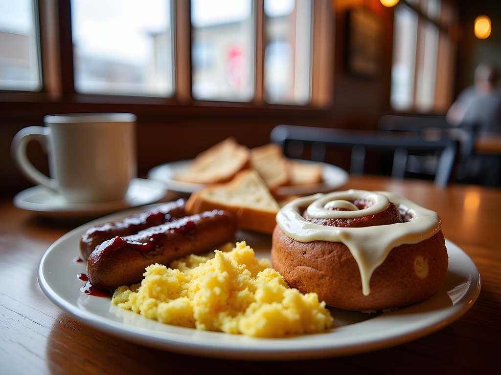 Hearty breakfast spread at Cowboy Café in Riverton with bison sausage and cinnamon roll
