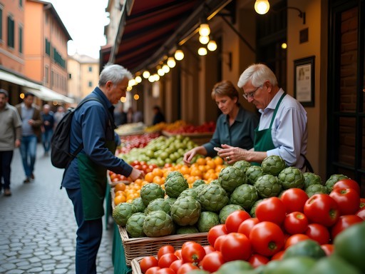Vibrant food market in Trastevere with local vendors selling fresh produce, cheese and meats