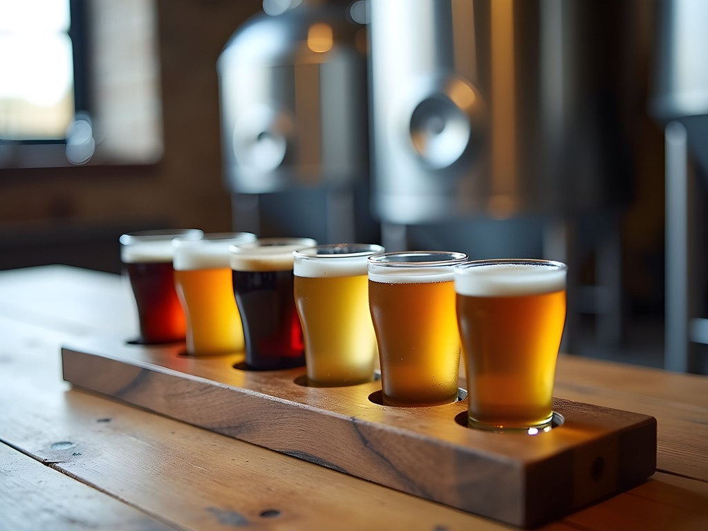 Craft beer tasting flight at Roskilde Brewery with colorful beer samples