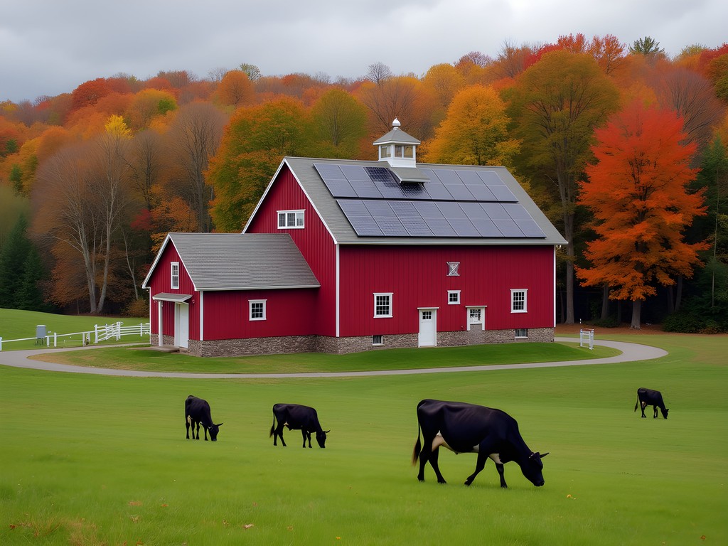 Historic red barn with solar panels against Vermont autumn foliage in Rutland County