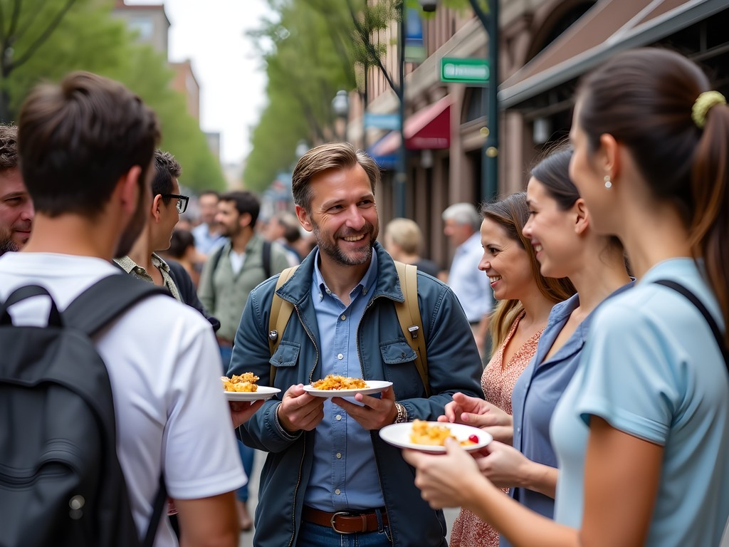 Food tour group sampling local cuisine in downtown Sacramento