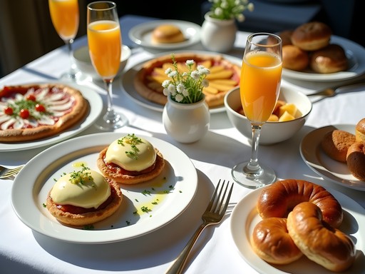 Sunday brunch spread at Salem New Hampshire restaurant with mimosas and pastries