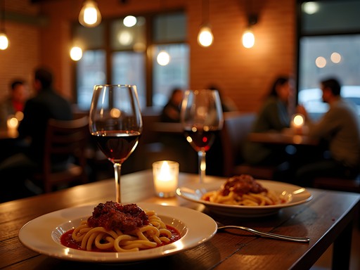 Romantic dinner setting at Tuscan Kitchen Salem New Hampshire with pasta and wine
