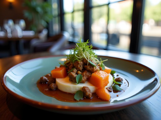 Elegantly plated fusion dish combining Texas ingredients with Asian influences at riverside restaurant