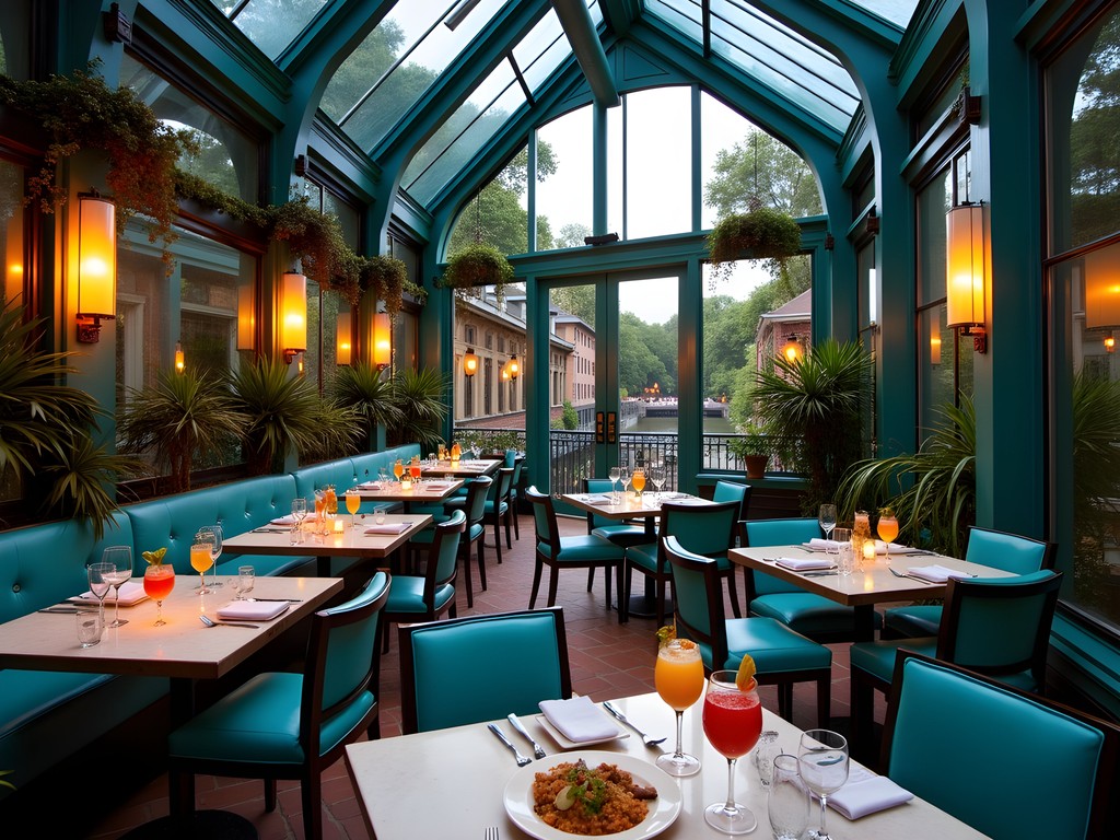 The glass conservatory dining room at Ocho restaurant overlooking the River Walk