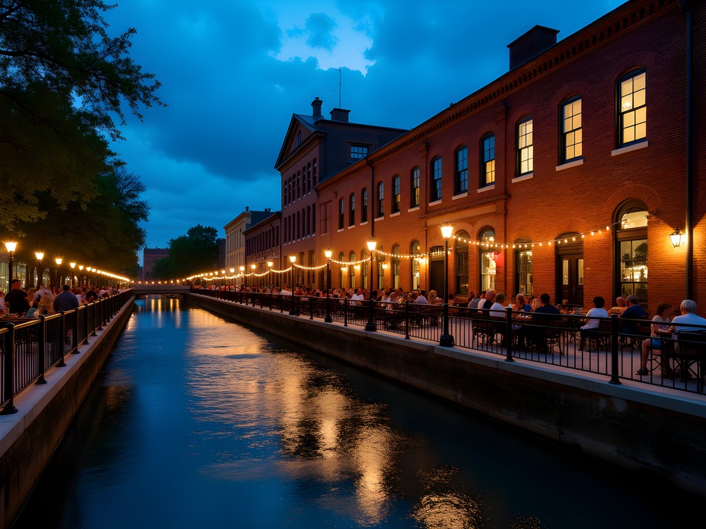 Evening scene at the historic Pearl District with restaurants and string lights