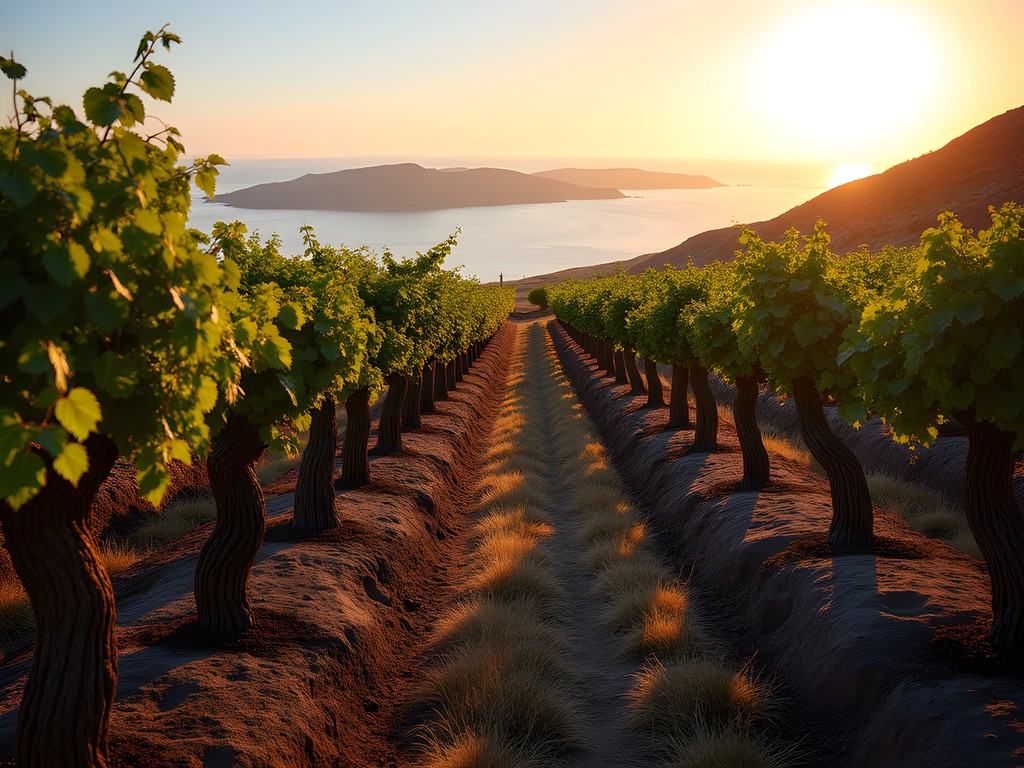 Ancient kouloura vine training system in Santorini vineyard at sunset with Aegean Sea background