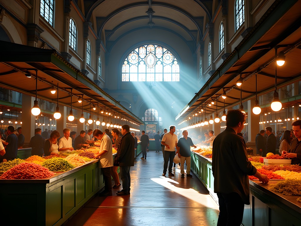 Diverse vendors and shoppers interacting at São Paulo's vibrant Mercado Municipal