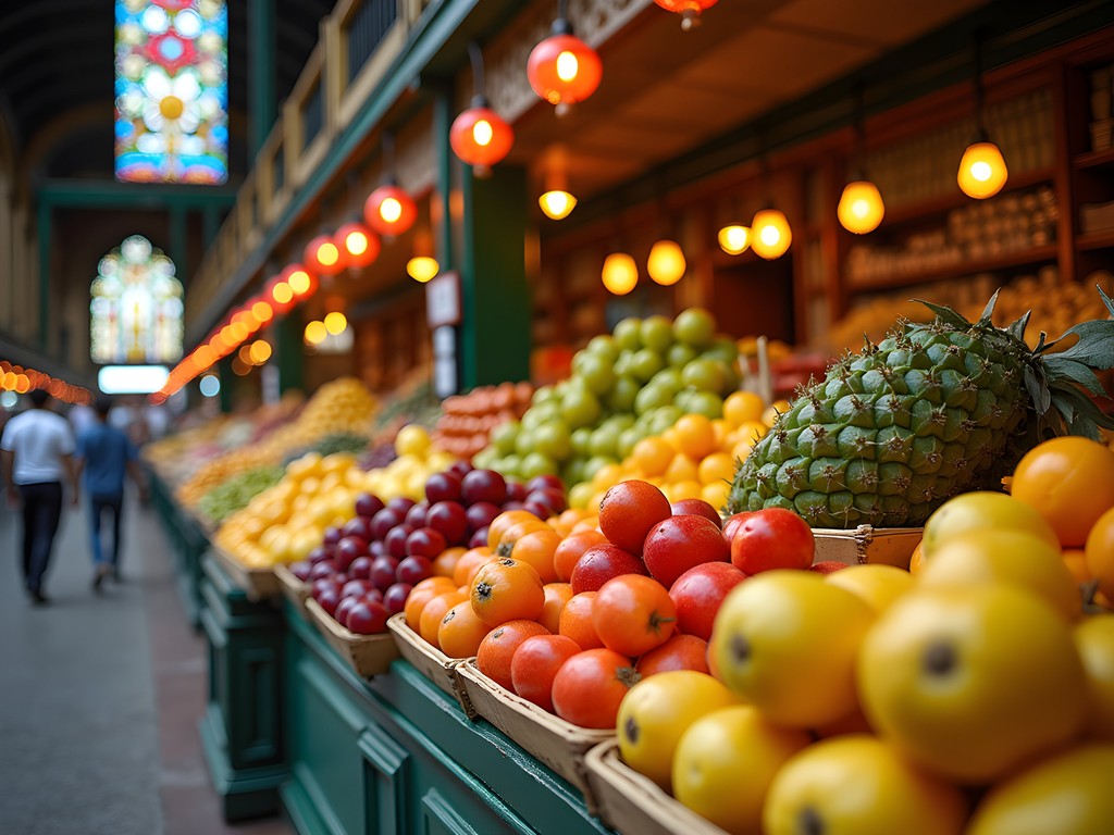 Colorful fruit stalls at São Paulo's historic Mercado Municipal