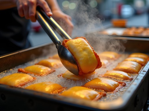 Traditional Brazilian pastéis being fried at a São Paulo street food stand