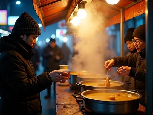 Steaming pots of eomuk-guk fish cake soup at night market stall with customers in winter coats