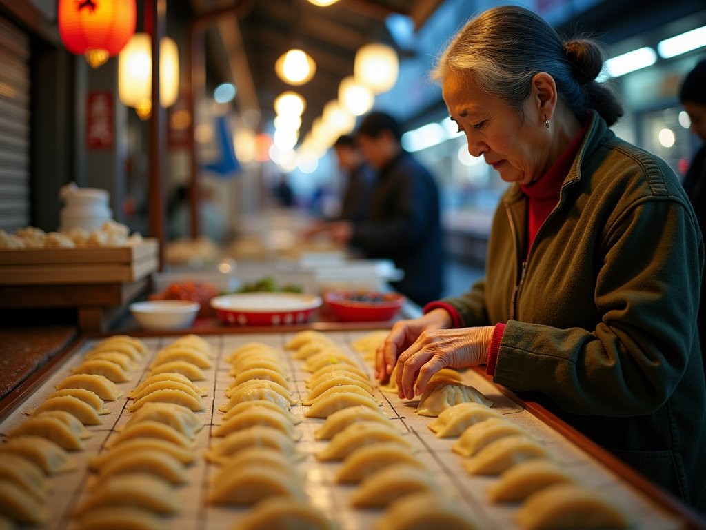 Elderly vendor skillfully folding mandu dumplings at Gwangjang Market in Seoul