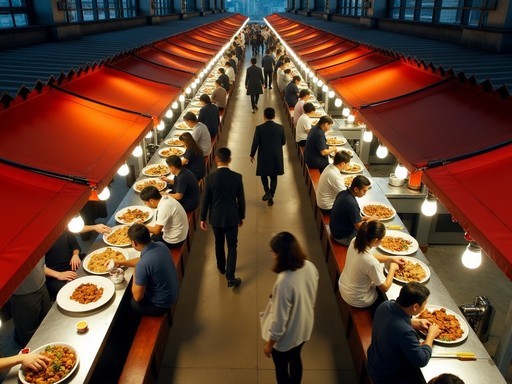 Overhead view of bustling Gwangjang Market showing food stalls and diners on benches