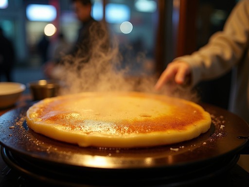 Close-up of golden brown hotteok being pressed on a griddle with steam rising in winter air