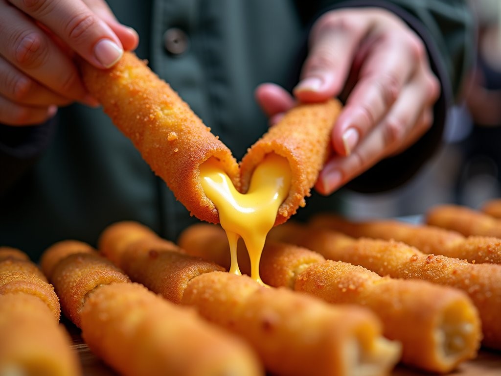 Vendor creating elaborate Korean corn dog with multiple toppings and sauces in Myeongdong