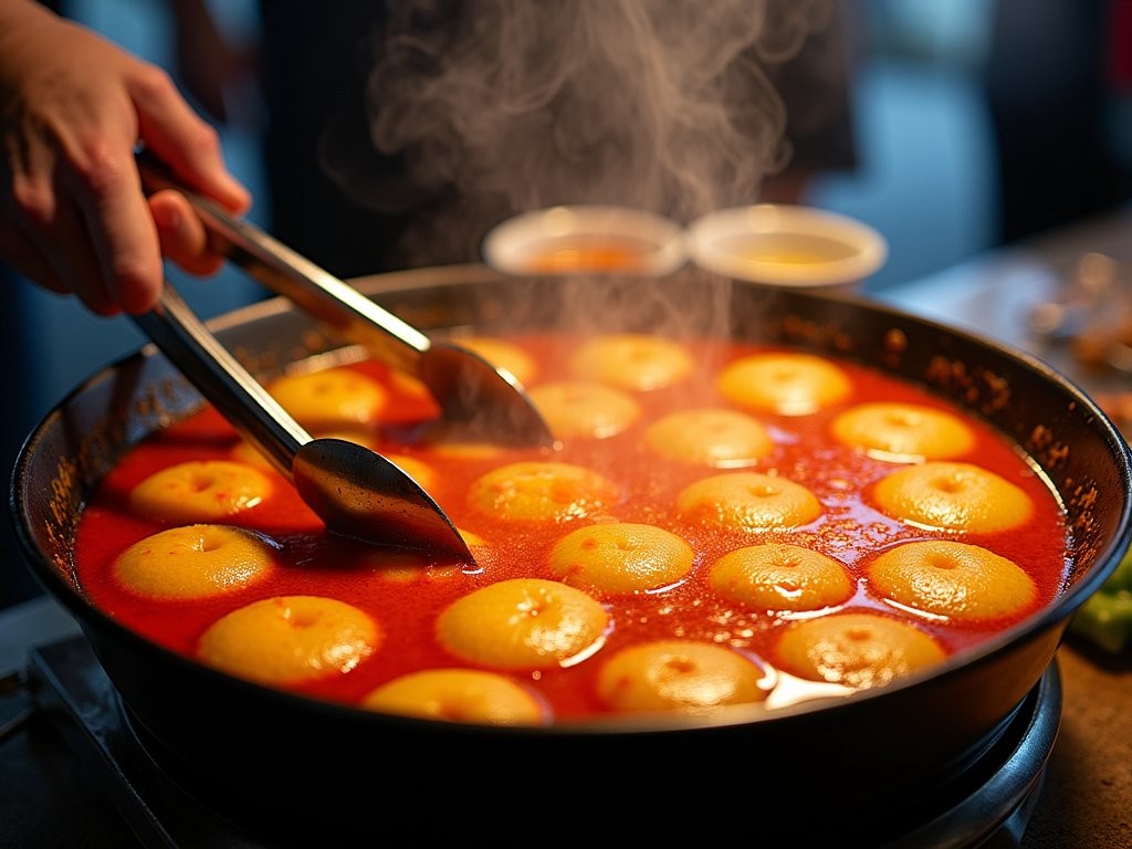 Vendor preparing bubbling red tteokbokki in a large pan at Myeongdong street market