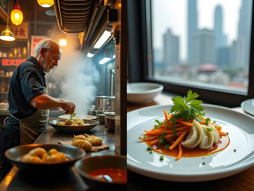 Split image showing traditional street food stall and elegant Michelin restaurant in Shanghai