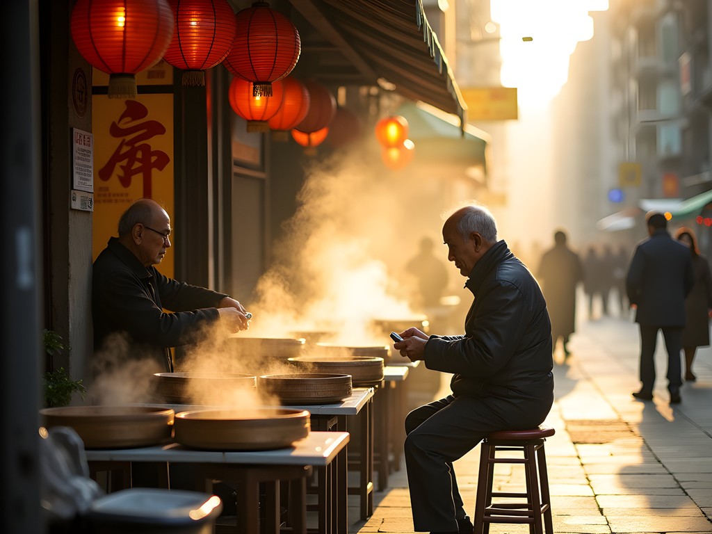 Steam rising from bamboo baskets at a traditional Shanghai breakfast stall