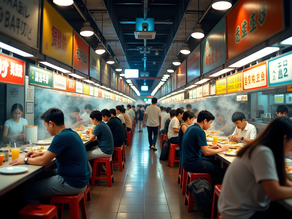 Bustling hawker center in Singapore with multiple food stalls and diners