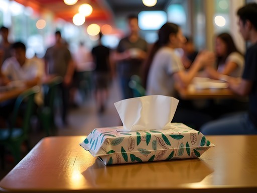 Tissue packet reserving table at busy Singapore hawker center