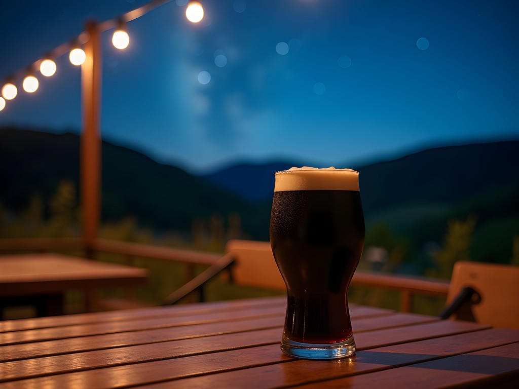 Night sky view from Outside Brewing's patio with craft beer in foreground