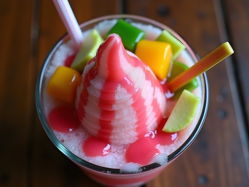 Colorful Es Campur dessert with shaved ice, fruits and jellies in Surabaya