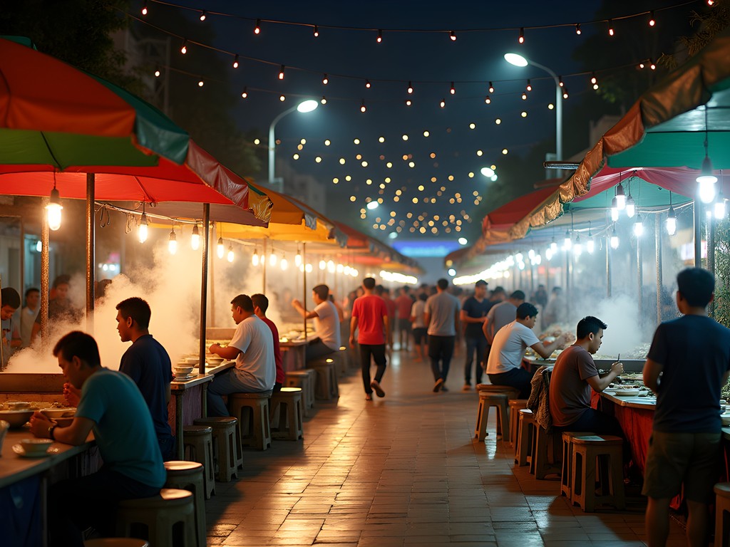 Vibrant night market food stalls with colorful lighting in Kya-Kya Kembang Jepun, Surabaya