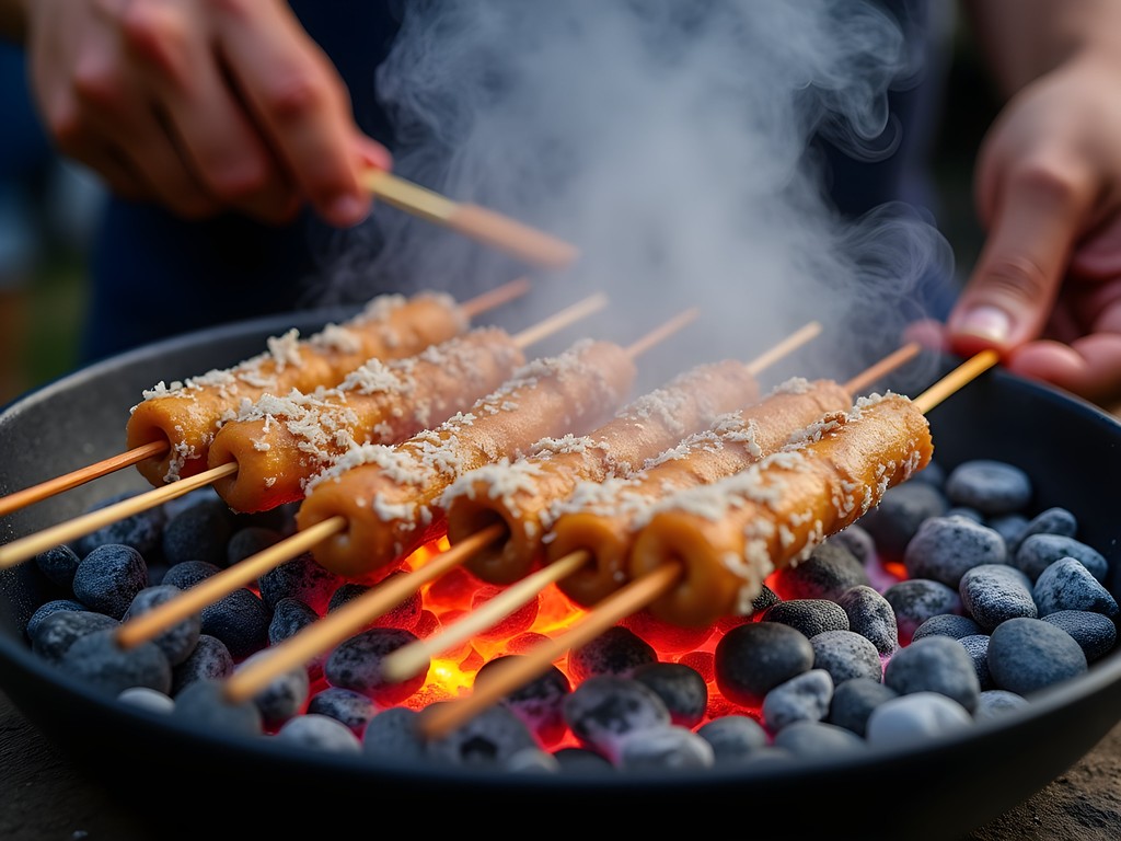 Traditional Sate Klopo being grilled over hot coals in Surabaya
