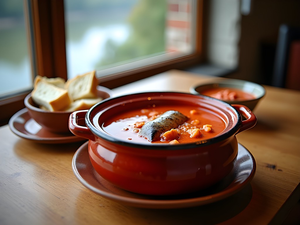 Traditional Szeged-style fisherman's soup served in clay pot with river view