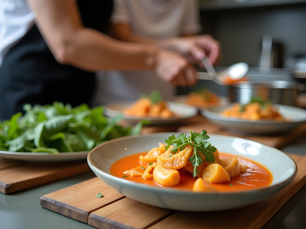 Couple learning to make traditional Brazilian moqueca in cooking class with fresh ingredients
