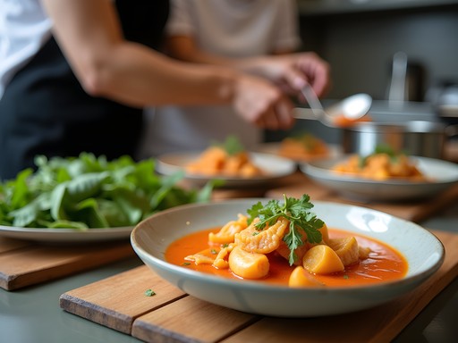 Couple learning to make traditional Brazilian moqueca in cooking class with fresh ingredients